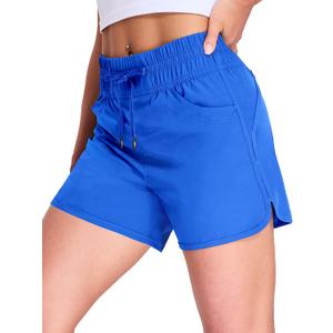 MIER Women's Running Shorts Quick Dry Athletic Workout High Waisted Active Shorts with Liner Zipper Pocket 4 Inch (Blue, L)
