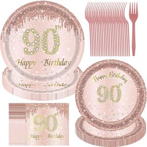 90th birthday decorations for women, Rose Gold Plates Rose Gold Birthday Decorations 96pcs Pink Paper Plates and Napkins for Girls Women 90th Birthday Party Supplies Serve 24 Guests