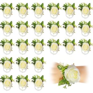 Sherr 24 Pcs 24 Pcs Wedding Rose Wrist Corsage Wristlet Band for Bridal Bridesmaid Women Flowers Bracelets Decor Wedding Artificial Flowers for Party Prom Homecoming (White)
