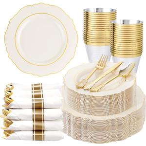 Liacere 350PCS Ivory Plastic Plates - Cream Disposable Plates With Gold Rim - 50Guest Baroque Plastic Dinnerware include 100 Plates - 50 Pack Pre Rolled Napkins Silverware 50Cups for WeddingEaster