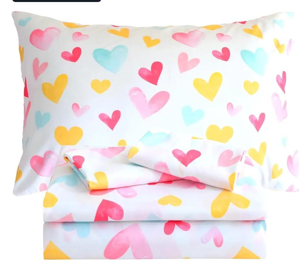 Kids Sheet Set Heart Twin Size Bedsheet for Girls, 3PCS Colorful Love Printed Microfiber Soft Breathable Children Bedding Easy-Fit 14 Inch Deep Pocket