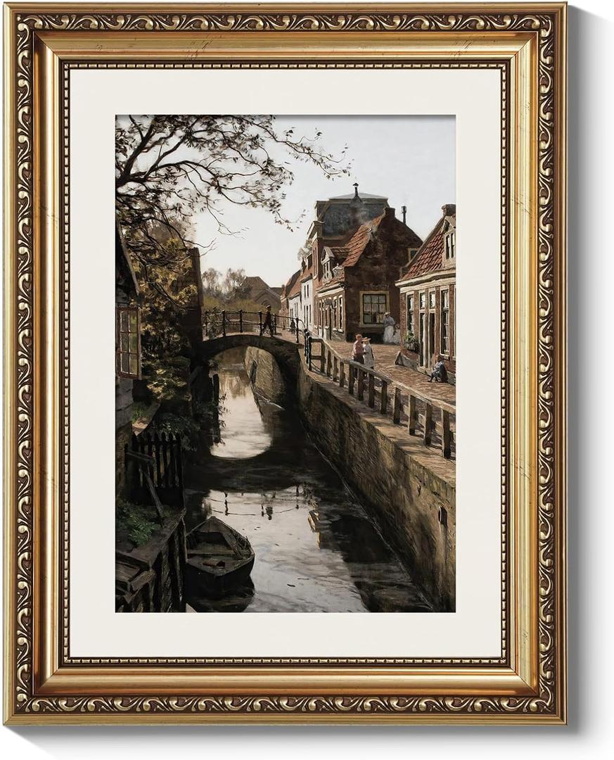 ARPEOTCY Vintage Gold Framed Country Wall Art, Bedroom Living Room Dutch Town Streets Picture Wall Decor, Canvas Prints, Antique Picture Frame Rustic Paintings Home Farmhouse Decor, 11x14 Inch