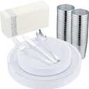 175 PCS Silver Dinnerware Set for 25 Guests, Silver Rimmed Heavy Duty Plastic Disposable Plates for Party Wedding with 25 Dinner Plates,Dessert Plates, Silverware Set, Cups, Napkins