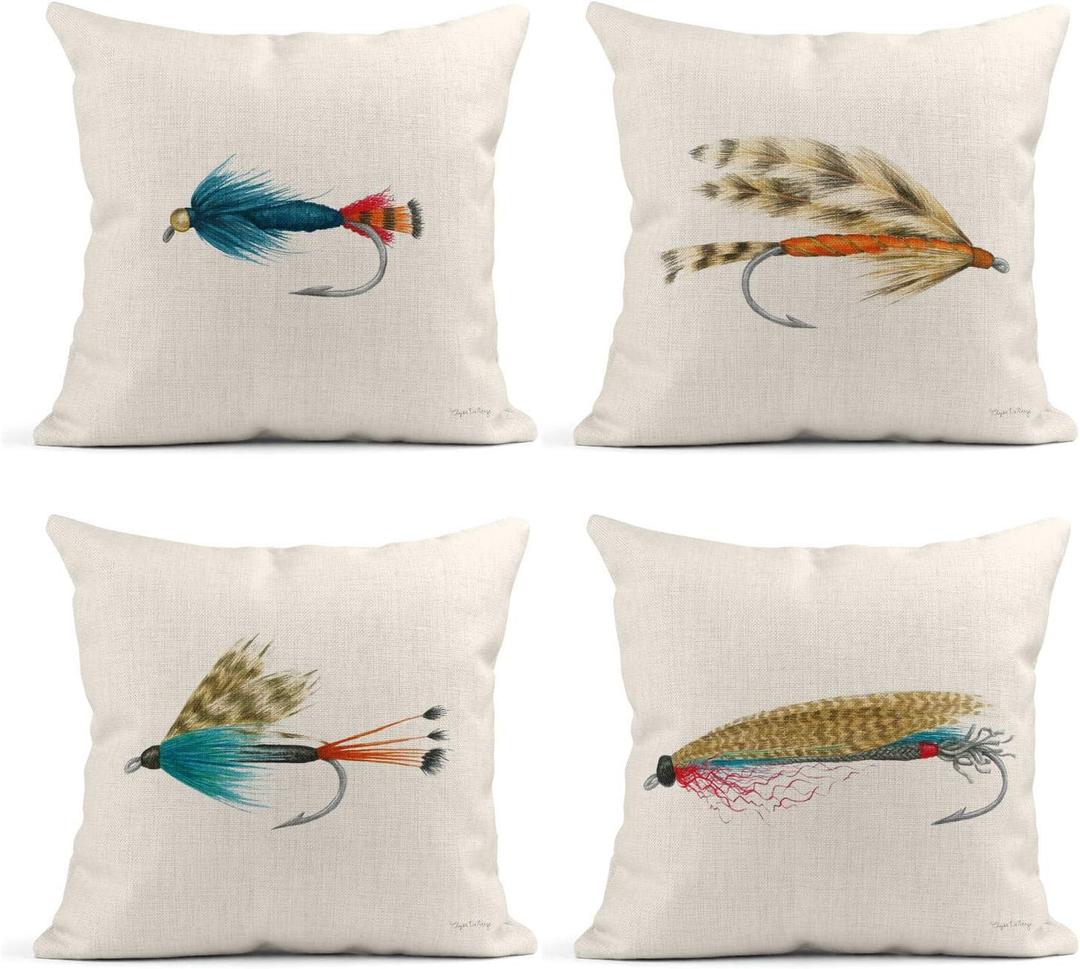Set of 4 Linen Throw Pillow Cover Case Fishin Fish Hook Decorative Pillow Cases Covers Home Decor Square 18 x 18 Inches Pillowcases (Multi 163603)