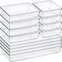 12 Pack Clear Plastic Drawer Organizer Set, Acrylic Non Slip Non Cracking Kitchen Drawer Storage Tray Large Size Divider, Multifunctional Storage for Cosmetics, Bathroom, Tools, Kitchen and Office