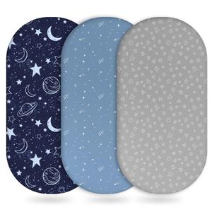 Unnivoll Baby Bassinet Sheets Girl Boy, Fitted Bassinet Sheet Set 3 Pack Bassinet Mattress Sheets Universal Fit for Rectangle, Round, Oval, Hourglass Mattress, Soft Breathable Blue Gray Planet
