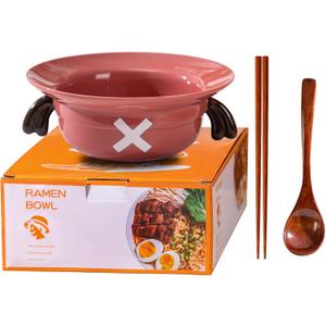 Straw Hat Ramen Bowl (Ceramic Bowl + Wooden Spoon + Chopsticks) for Anime Fans (Antlers)