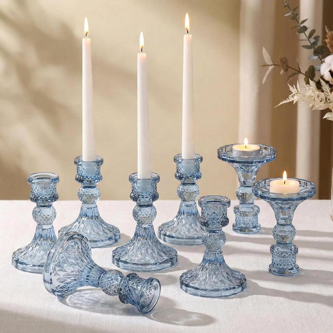 Glass Candle Holder Set of 12, Blue Taper Candle Holders Bulk, Vintage Candlestick Holders, Candle Stick Holder for Table Centerpieces, Wedding, Festival & Home Decor