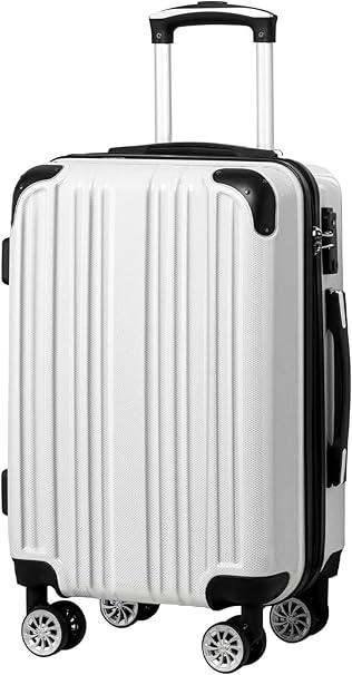 Coolife Luggage Expandable(only 28") Suitcase PC+ABS Spinner 20in 24in 28in Carry on (white grid new, L(28in))