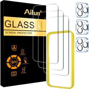 Ailun 3 Pack Screen Protector for iPhone 15 Pro [6.1 inch] + 3 Pack Camera Lens Protector with Installation Frame,Case Friendly Tempered Glass Film [9H Hardness] - HD