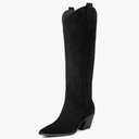 iiimmu Cowgirl Boots Women Knee High Boots Pointed Toe and Block Heel Cowboy Suede and Faux Leather Boots with Embroidered Black 9,5, Black 