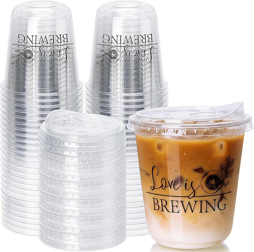 Jingmore 50 Set Plastic Round Bottom Cups with Strawless Plastic Lids Bridal Shower Coffee Drinking Cup 12oz Baby Shower Party Disposable Cups for Wedding Anniversary(Love is Brewing)