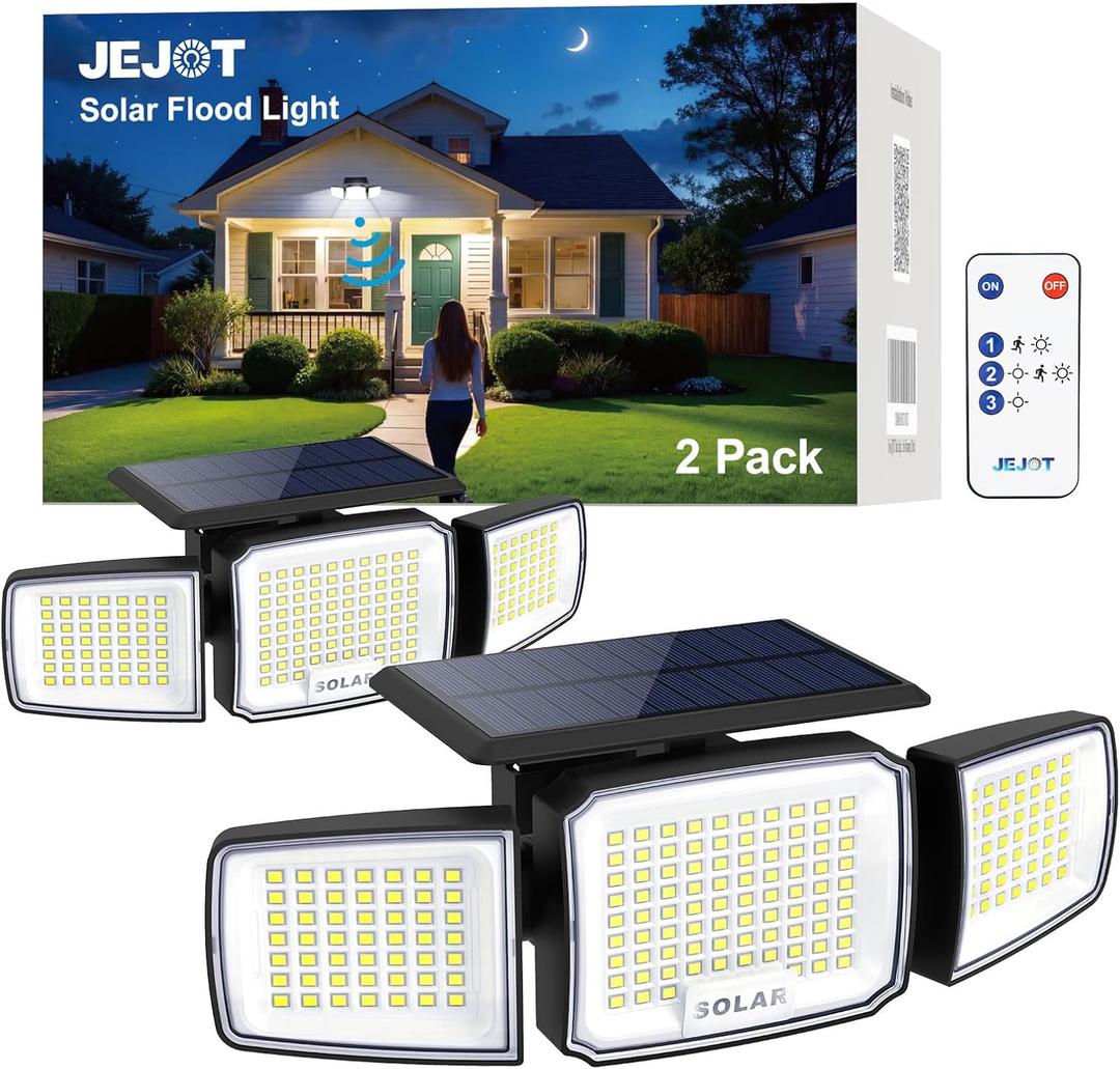Solar Security Light Outdoor,Solar Flood Light with Active Motion Sensor,3 Heads 270 Wide Angle,Remote Control,IP65 Waterproof, 3 Modes (2 Packs)