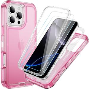 Compatible with iPhone 16 Pro Case with HD Screen Protector, Heavy Duty Shockproof [3 in 1] Clear Phone Cases for iPhone 16 Pro 6.3" (Pink)