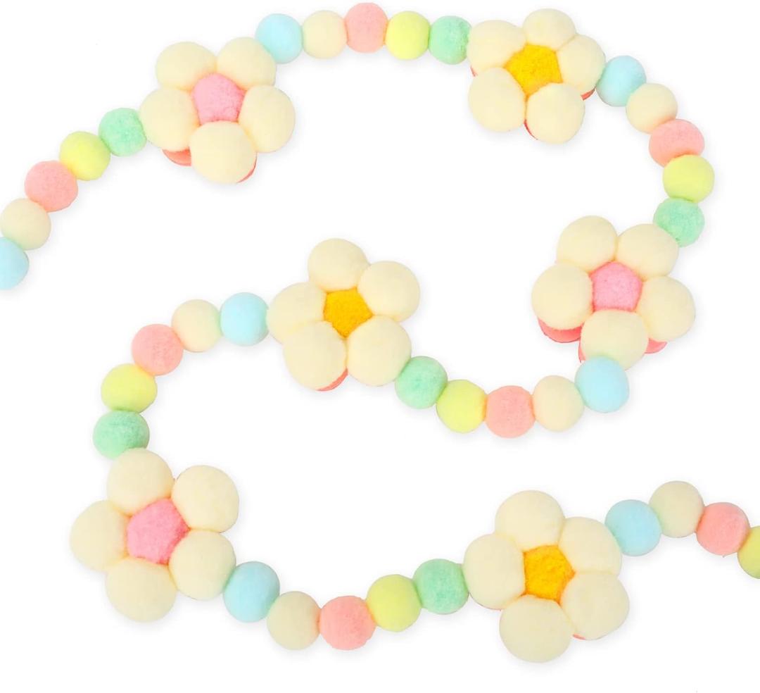 Whaline Spring Felt Pom Pom Banner Cute Flower Felt Hanging Garland Colorful Poms Ball Floral Decorative Hanging Bunting Banner for Spring Easter Holiday Home Mantel Wall Party Supplies, 8.2Ft