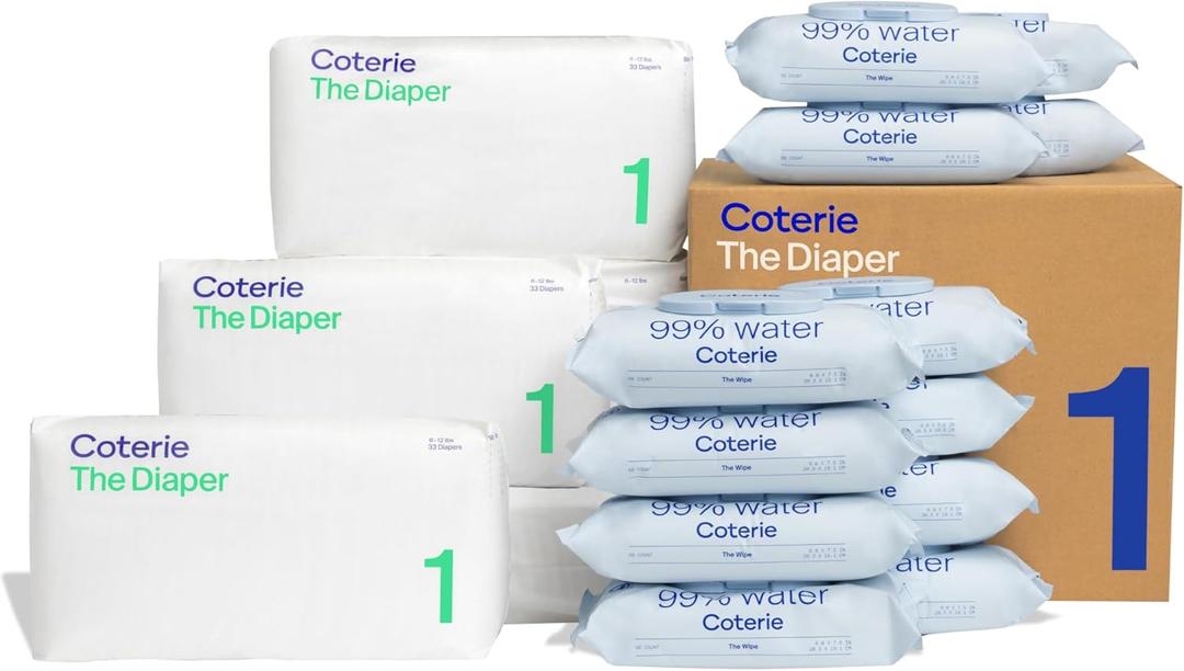 Coterie Baby Wipes + Diapers Kit, Size 1 Diapers (198 Count) & 12 Pack (672 Count) Baby Wipes with 99% Water, Plant Based Materials, Hypoallergenic for Sensitive Skin