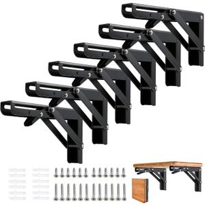 Folding Shelf Brackets - 8 Inch 6 Packs Heavy Duty Metal Collapsible Shelf Bracket, DIY Wall Mounted Foldable Shelf Bracket, Space Saving for Bench Table
