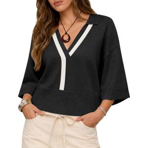 Saodimallsu Womens Short Sleeve Sweater Tops V Neck Collared Oversized Color Block Casual Summer Knit Polo Shirts (Black, M)