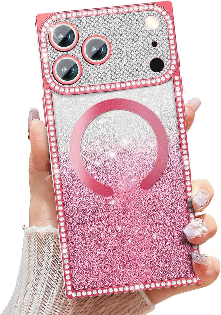 Misscase Magnetic Glitter Case for iPhone 17 Pro Max 6.9 Inch, Camera Protection, Compatible with MagSafe, Rectangle Cute Bling Sparkle Diamond Colorful Phone Cover, Drop-Tested & Shockproof-Hot Pink