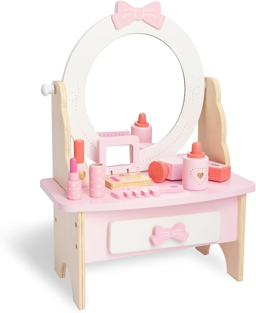 Wooden Vanity Set for Kids, Pretend Play Toddler Makeup Vanity Table Toys with 360 Rotatable Mirror, Beauty Salon Set Includes Makeup Accessories, Little Girls Gift Age 3+ (White)