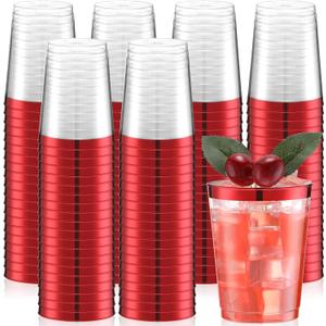 Gerrii 100 Pcs 10oz Plastic Cups Disposable Fancy Rimmed Cups Elegant Clear Drinking Tumblers for Wedding, Birthday, Halloween, Christmas, Graduation Party(Red)