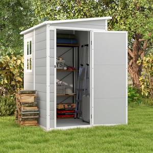 Patiowell 5x4 FT Outdoor Storage Shed with Floor, Resin Outside Storage Shed with Floor & Lockable & Window Door for Patio Furniture, Garden Tools and Bicycle, Light Gray