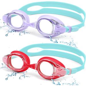 Aegend 2 Pack Kids Goggles, Swimming Goggles for Kids Age 4-16 Boys and Girls Youth, Anti-Fog Waterproof Anti-UV Pool Goggles (Light Purple & Red)