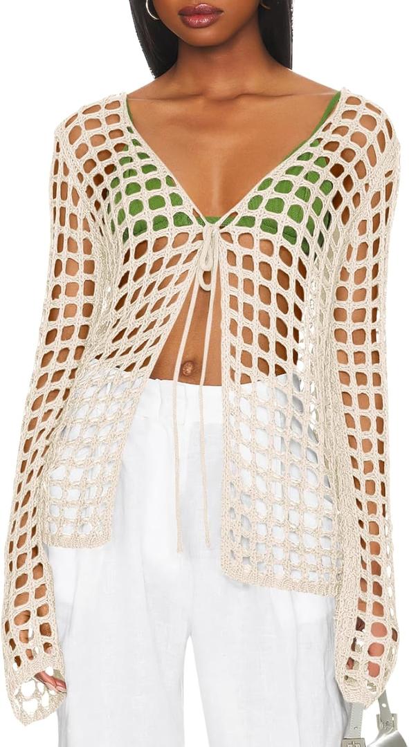 Saodimallsu Womens Long Sleeve Swimsuit Coverup Crochet Hollow Out Tie Front Swim Cover Up Knit Cardigan (Medium, Creamy-white)