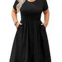 IN'VOLAND Womens Plus Size Summer Dress Casual Short Sleeve Empire Waist Loose Fit Swing T-Shirt Dress with Pockets Black 2Xl