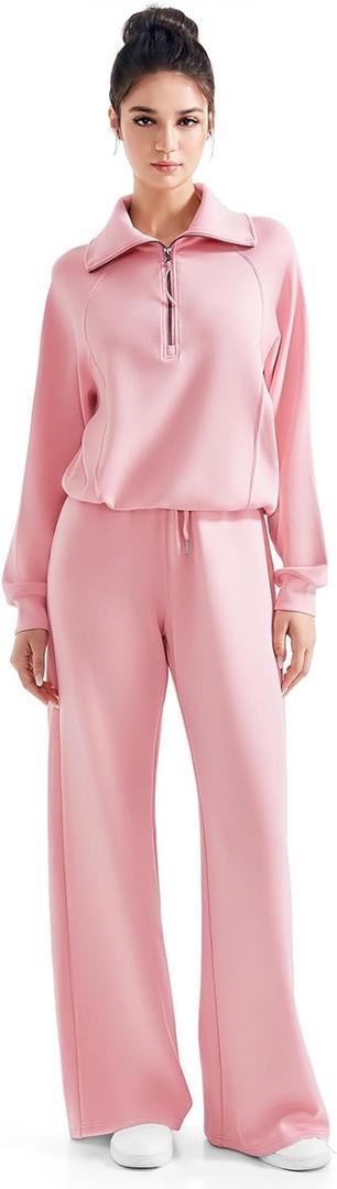 SUUKSESS Women 2 Piece Lounge Matching Set Wide Leg Sweatpant Half Zip Sweatshirt (Small, Pink)