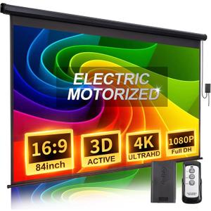 Projector Screen Motorized 84 Inch 16:9 HD Electric Projector Screen Pull Down with Remote, Automatic Projector Screens Wall Ceiling Mount Movie Screens for Projectors Outdoor Indoor, Black