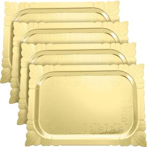 Honeydak 4 Pcs Gold Rectangle Serving Trays Heavy Duty Disposable Paper Cardboard Serving Platter for Food Tea Fruit Trays Cupcake Display Dessert Table Decorations Birthday Party Supplies