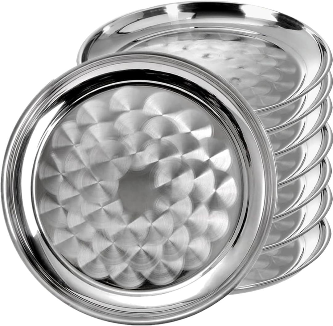 8 Pack Stainless Steel Round Serving Tray, 12 Inch Silver Oven Baking Tray, Dishwasher Safe Sturdy Metal Display Tray for Coffee Table, Bar, Party, Club, Home, Ottoman
