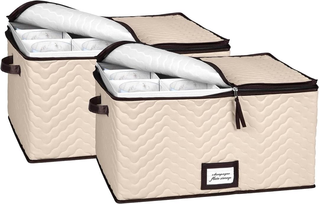 Glass Storage Box with Dividers - Stemware Storage Case, Durable Quilted Microfiber Bin with Carry Handles, Protects Fine China - (2 Pack, Red)