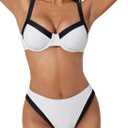 SUUKSESS Women Color Block Underwire Bikini Sets Cheeky High Cut 2 Piece Swimsuit (Small, White Black)