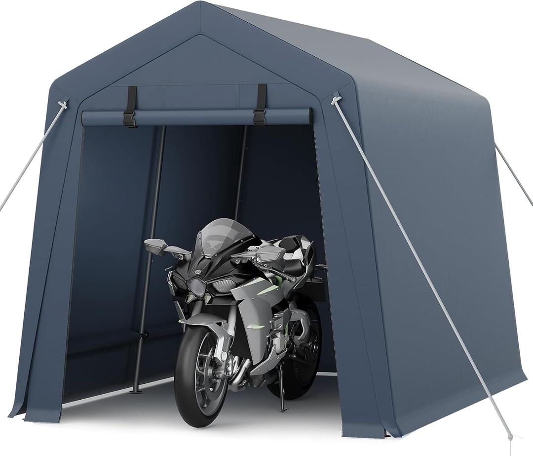 GarveeLife 7x10 ft Portable Outdoor Storage Shed with Roll-Up Zipper Door & Vents, 240G Heavy-Duty Shelter Waterproof PE Tarp, UV-Resistant Carport for Motorcycle, Firewood, Tools -Gray