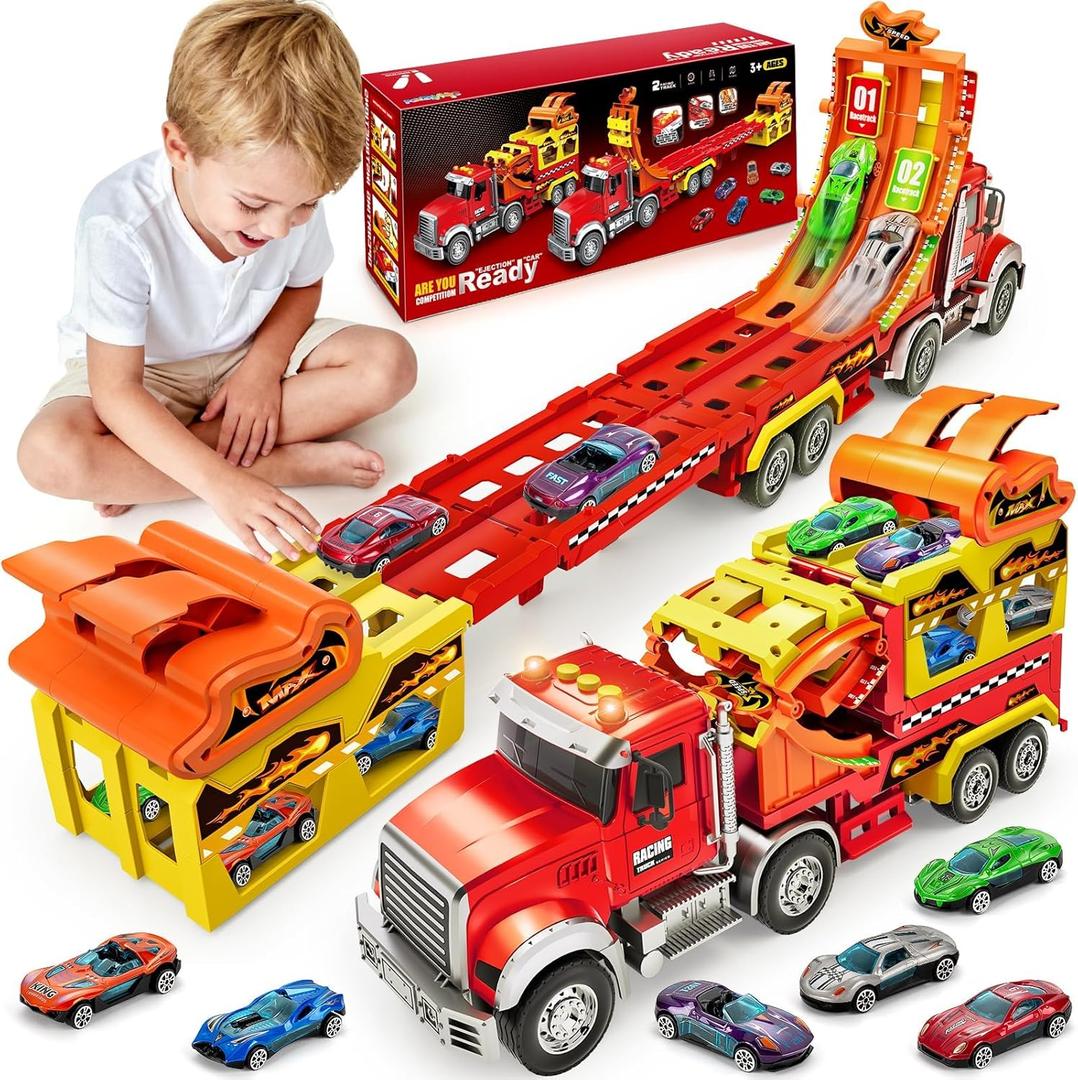 Truck Car Toys for 3, 4, 5, 6, 7, 8 Years Old Kids, Carrier Truck Race Track Toys, Foldable Transport Car Toys with Foldable Race Tracks and 6 Metal Cars, Birthday Gifts for Toddler Boys Girls (Red)