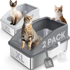AIPERRO 2 Pack Stainless Steel Litter Box | XL Enclosed Cat Litter Boxes with Lid for Big Cats and Multi-Cats | High Sided, Anti-Urine Leakage | Non-Stick BottomMulti-Colored