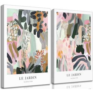 2Pcs Henri Matisse Canvas Wall art Modern Abstract Pink Green Floral Plants Painting Pictures Wall Decor Maximalist Colourful Flower Poster Print Artwork for Living room Bedroom Girls Room (16x24in-canvas)