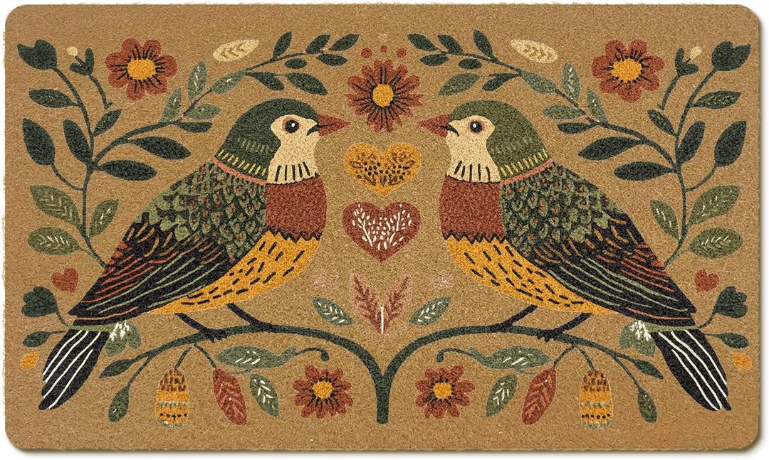 Vintage Bird Floral Coir Door Mats Outdoor, Farmhouse Floral Botanical Front Door Mat Outside Entrance, Retro Bird Doormat Outdoor Indoor Entrance for Home Entryway Decor, 17x30in