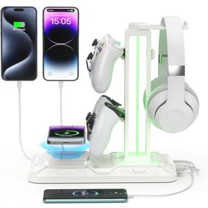 KDD RGB Headphone & Controller Stand with Wireless Charging - Rotatable Headset Stand with 9 Light Modes - Controller Holder with 2 USB and Type C Ports - for Gamers Desktop Accessories(White)