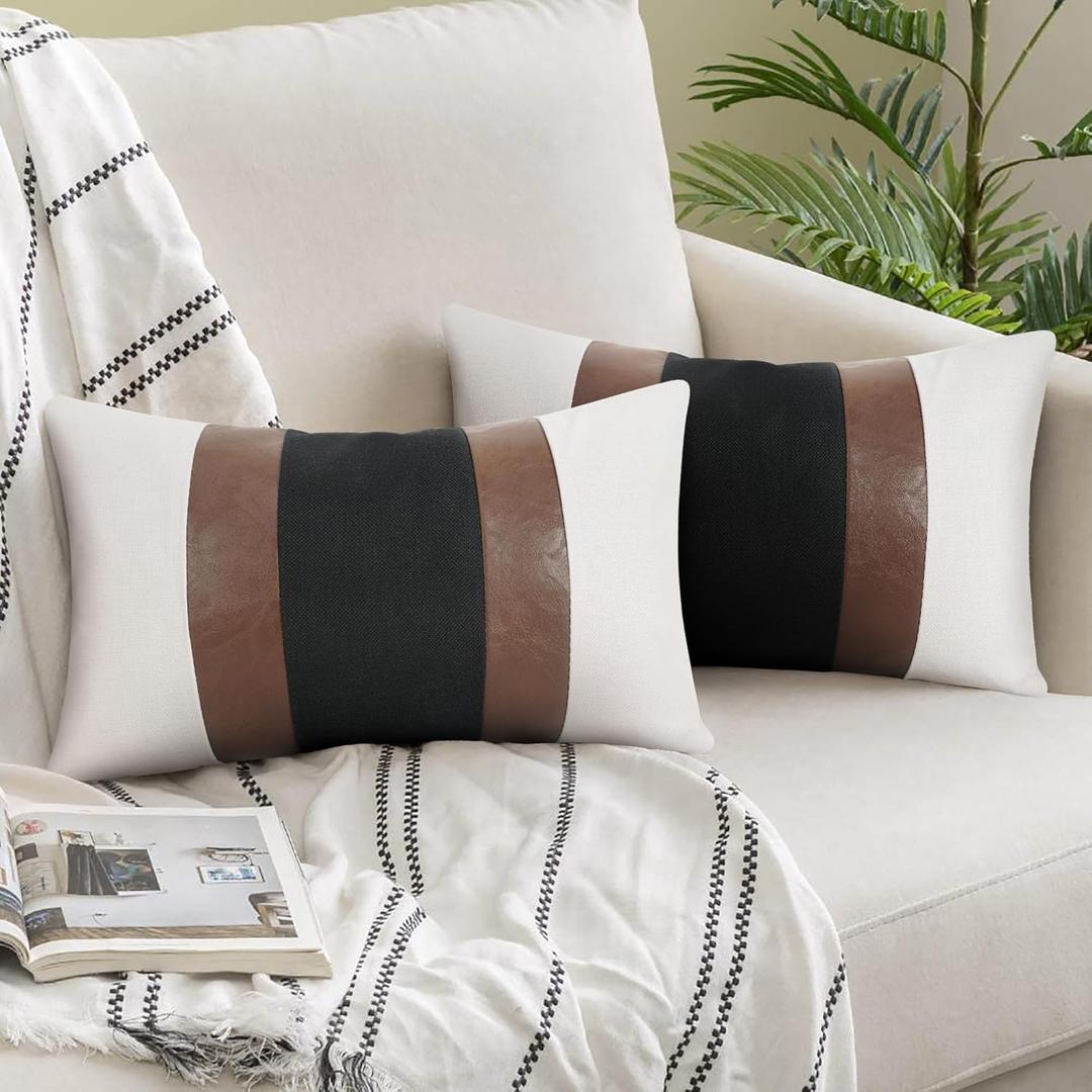 JASEN Set of 2 Faux Leather Pillow Cover 12x20, Black and White Decorative Throw Pillow Covers Brown Modern Stripe Accent Cushion Cover Couch Bed Sofa