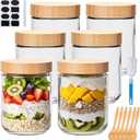 Encheng 16oz Glass Jars with Lids, Overnight Oats Containers with Bamboo Lids, Wide Mouth Glass Mason Jar Food Storage Containers for Salad, Yogurt, Meal Prep, 6 Pack