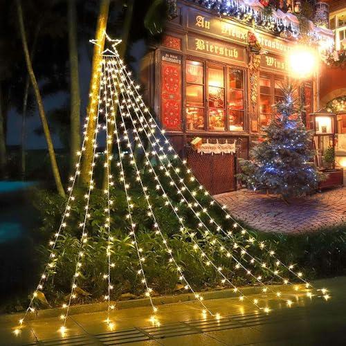 MINIAO Christmas Star String Lights, 320 LED Waterfall Tree Lights with 13" Topper Star 8 Lighting Modes Indoor Outdoor Halloween Decorations for Holiday, Wedding, Party (Warn White)