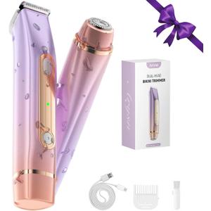 Bikini Trimmer for Women, 2 in 1 Dual Head Rechargeable Electric Shaver, Painless Pubic Hair Trimmer for Underarm Leg Arm Body Face IPX7 Waterproof & Travel-Friendly, GoldPurple