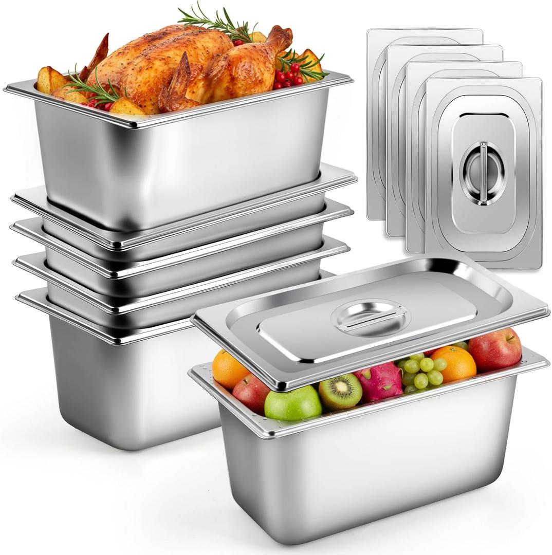 West Bay 6 Pack Hotel Pans with Lids, 1/3 Size 6-Inch Deep Stainless Steel Steam Table Pans, Metal Food Pans for Catering, Buffet, Restaurant & Kitchen Storage