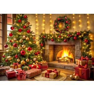LYCGS 10x8ft Christmas Fireplace Backdrop Xmas Tree Gift Photography Background Merry Christmas Party Decor X-448