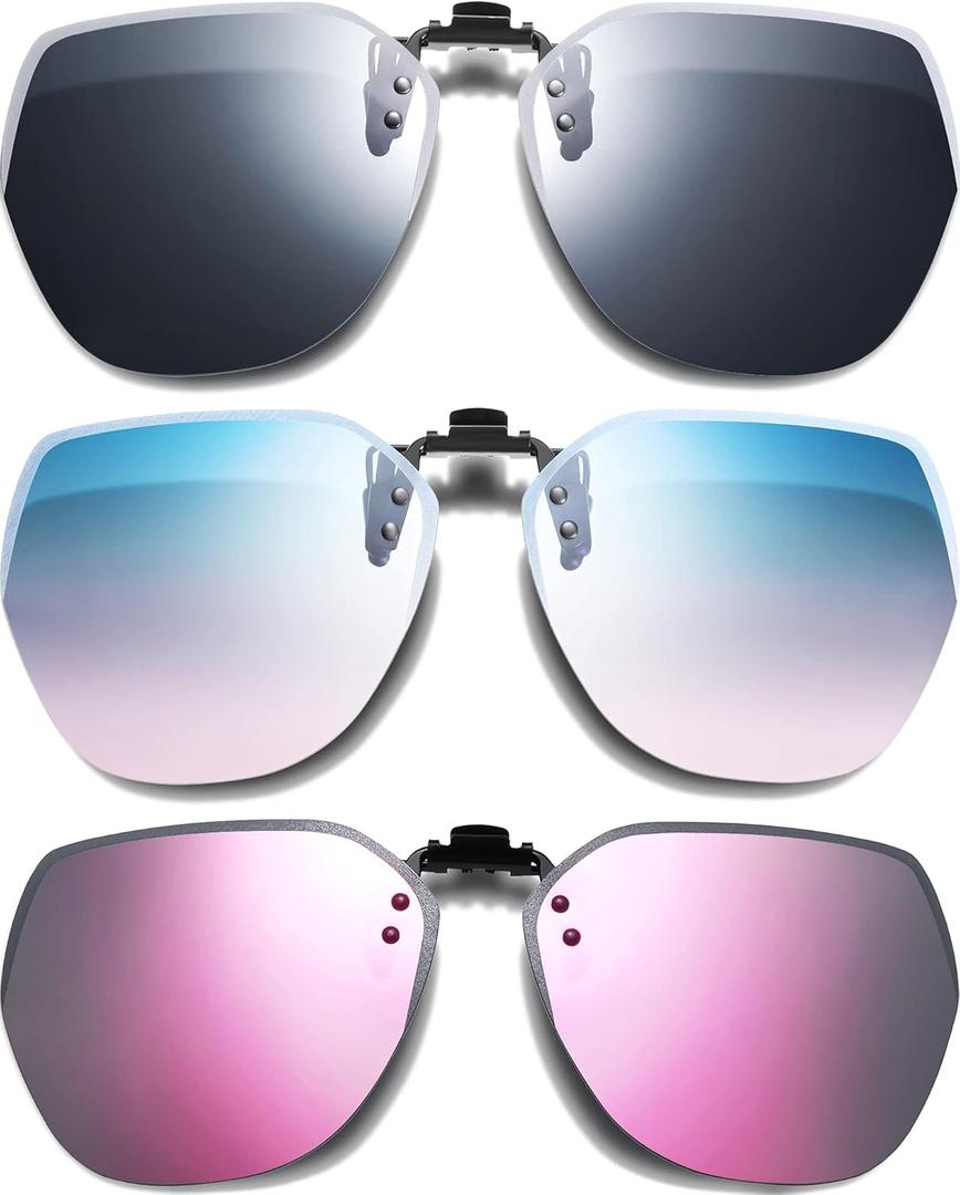 Frienda 3 Pairs Polarized Clip on Sunglasses Rimless Anti Glare Flip up Sunglasses for Women Man