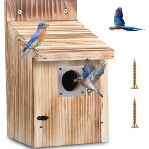 Dreyoo 1 Pack Cedar Bluebird Box Houses for Outside, 1-1/2 Entrance Hole Wooden Bird Houses with Metal Predator Guard, Secure Latch, Fledgling Grooves, Air Vents for Bluebird Wren Swallow Finch