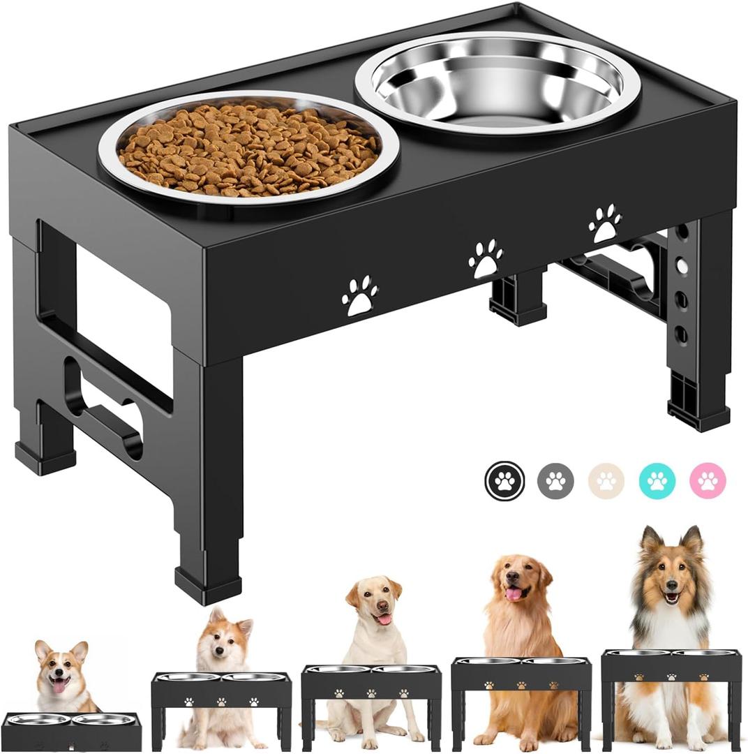 LAKIPETN Elevated Dog Bowls with 1 Stainless Steel Bowls, Raised Dog Food Bowl Stand 5 Height Adjustable (3.1", 9", 10", 11", 12") Non-Slip Feeder Station Set for Medium and Large Dogs - Black